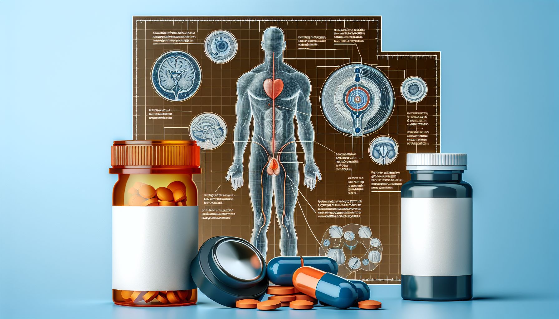 Image of ED pills of different types and colors on a neutral background